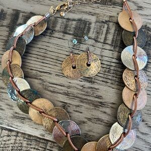 Multi-Tone faux metal coin style Necklace and pierced earrings older Chico’s 17”
